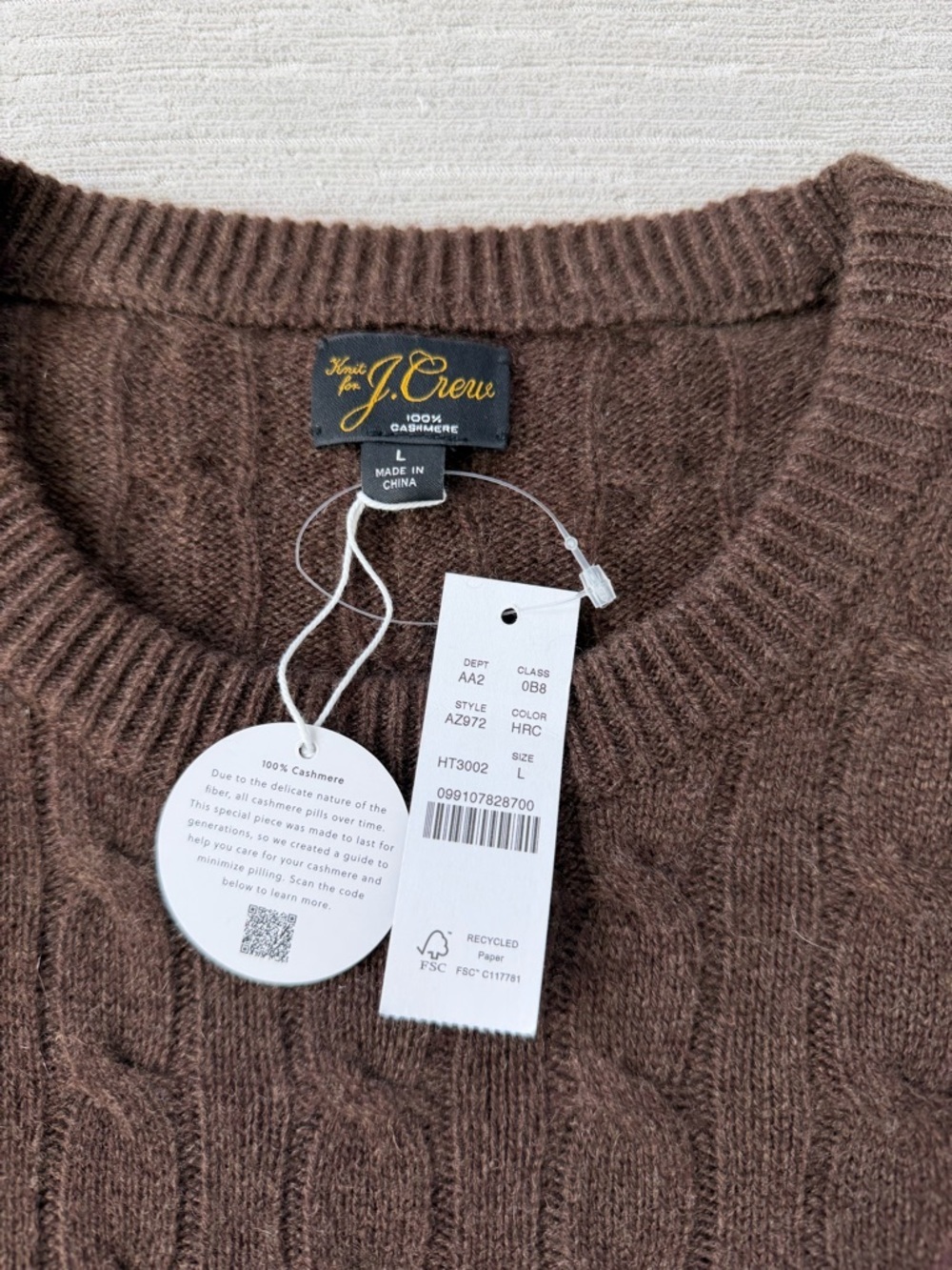 J.Crew 100% Cashmere Cable-Knit Crewneck Sweater Brown Men’s Size L NWT Repaired - Picture 3 of 10